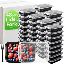 38oz Meal Prep Containers Bulk 48 Set with Forks and Lids - 1 Compartment Foo...