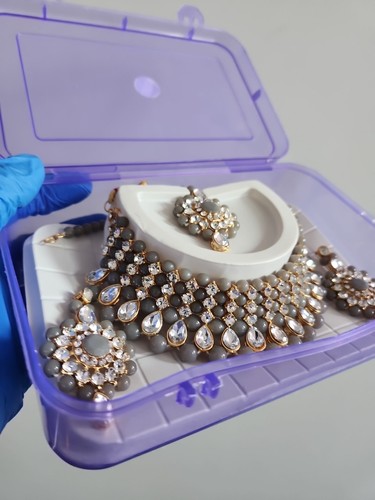 Set collana gioielli indiani pakistani in perle grigie pietra perle - Foto 4 di 8