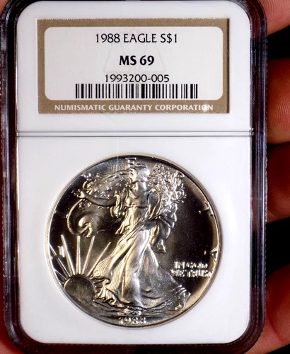 AMERICAN SILVER EAGLE 1988 NGC MS 69++ OLD HOLDER SEMI PL UNDER GRADE 1 TROY OZ