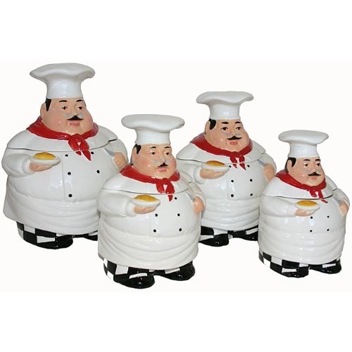Chef Canister Set Kitchen Bistro 4 Pcs Fat Ceramic Counter