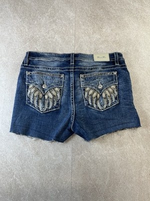 Miss Me Angel Wing Denim Shorts W34 Curvy Cut Off Embellished Bling Y2K Western