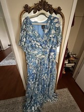Adrianna Papell Plus 20W Blue Metallic Floral Wrap V-Neck Dress Silver