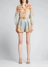 Zimmermann Andie Billow Blouse & Shorts in Dusty Blue Floral Size 0