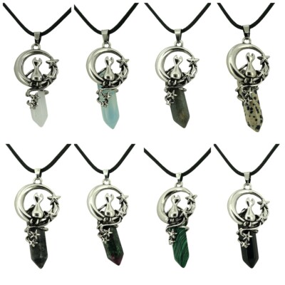 Hexagonal Pointed Gemstone Silver Cat Moon Pendant Necklace for Women Men