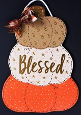 BLESSED Autumn Fall Thanksgiving SIGN Pumpkins Stacked Door Hanger Plaque Wood