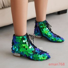 Sparkly Women's Ankle Boots Pointed Toe Lace Up Sequin Party Performance Shoes