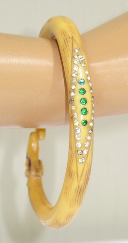 Vintage Celluloid Bracelet Bangle Rare Art Nouveau Double Ram Head Rhinestone - Picture 5 of 6
