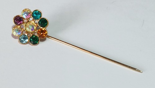 Vintage Gold Stickpin w/ Multicolor & Aurora Borealis Rhinestone Flower