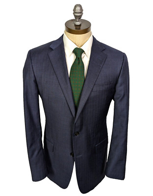 HICKEY FREEMAN Suit Blue Stripe RECENT 42L Dual Vent Jacket Flat Front Pant