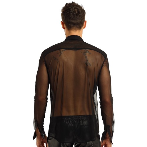 Transparent Long Sleeve - See Through Mesh Shirt Party Nightclub Men Shirts Top - Picture 11 of 13