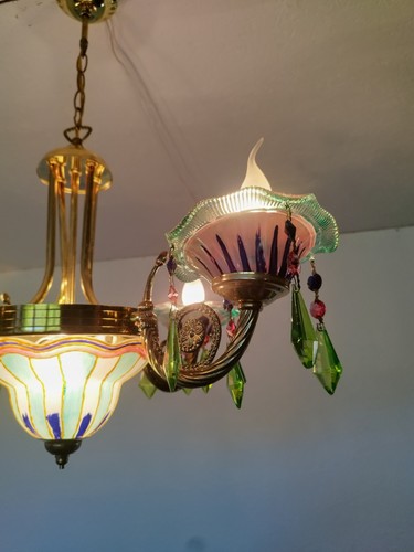 Vintage Retro Glass Green Blue Hand Painted Dining room Chandelier Light Ceiling - Picture 6 of 9