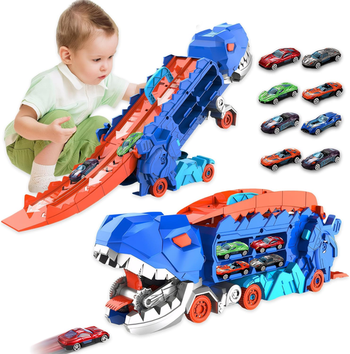 Dinosaur Transporter Truck Foldable Sliding Race Track Toy with 8 Toy Cars for K