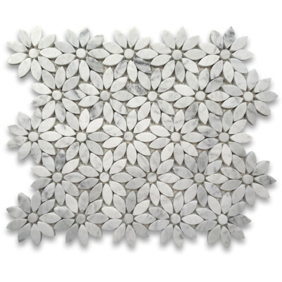 C9D0XH Carrara Venato Carrera Marble Daisy Flower Pattern Mosaic Tile Honed