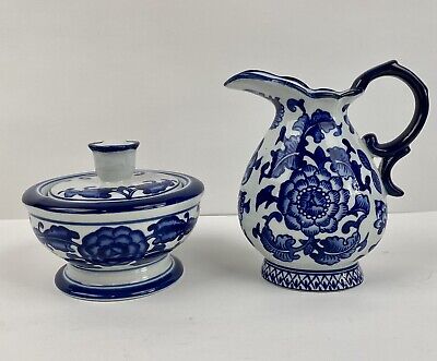 Vintage Bombay Co Dark Blue &amp; White Creamer &amp; Covered Sugar Bowl Flawless |  eBay