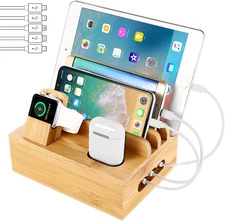 Bamboo Charging Station Dock for 4/5 / 6 Ports USB Charger with 5 Charging Ca...