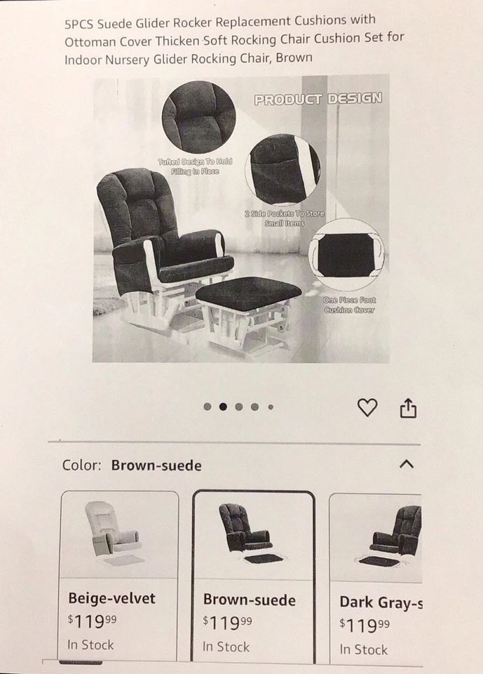 5pcs Glider Rocker Replacement Cushions Set - Suede - Light Gray - New - Image 2 of 2