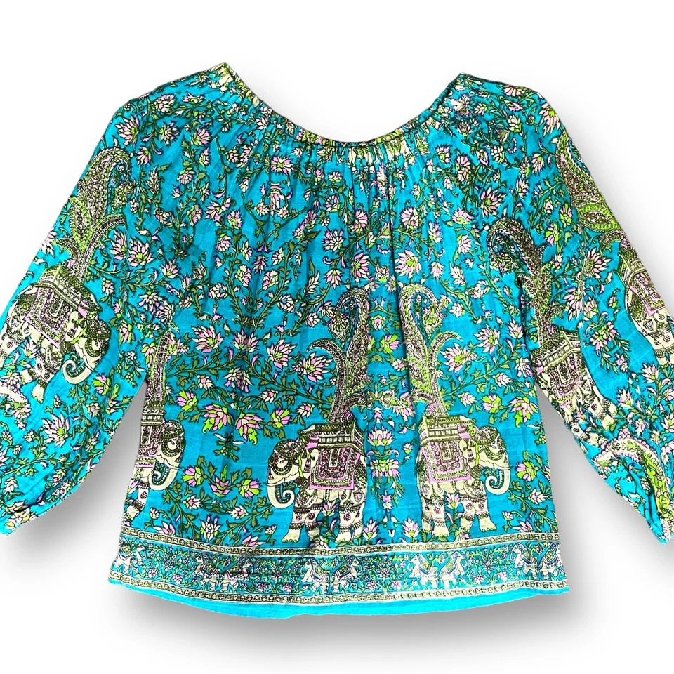 PEEK Niñas Campesino Top Talla Grande 8 Azul Teal Rosa Boho Paisley Floral Elefante Foto 2 de 4