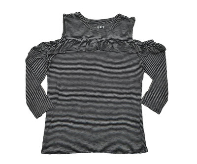 LOFT Women's Size M Black White Striped Cold Shoulder Ruffle Trim 3/4 Sleeve
