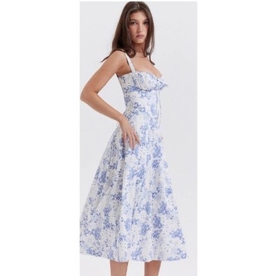 House of CB Carmen Blue White Floral Corset Back Midi Dress +L 10/12