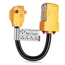  50 Amp to 20 Amp 110V RV Distribution Adapter, NEMA 14-50P to 4 X 5-20R/15R 