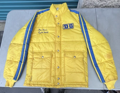 RARE Vintage DG Racing Apparel Cycle World Yellow & Blue Puffer Jacket Small - product listing photo