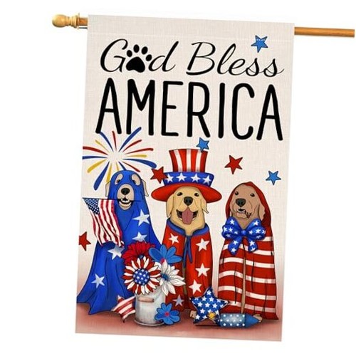 s House Flag Vertical Double Sided God Bless America Red 28x40 4th of July Dog