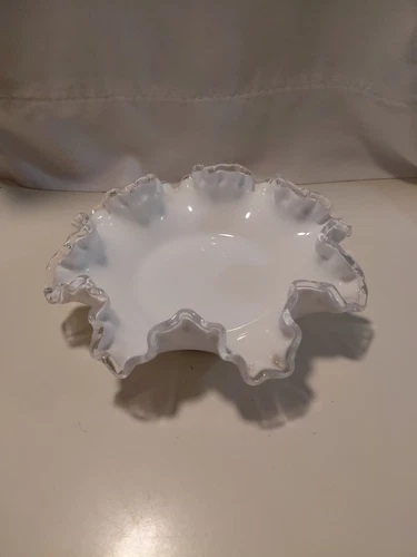 Vintage Fenton Silver Crest Milk Glass Ruffled Edge Candy Dish 8”