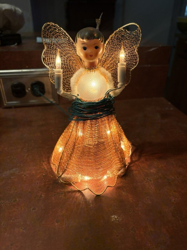 Vintage Wire Gold Mesh Fabric Christmas Angel Tree Topper Painted Plastic  Head