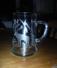Vintage Beer Tankard Crystal Glass - Hunting Motif / Etched Stag Deer Exc. Cond