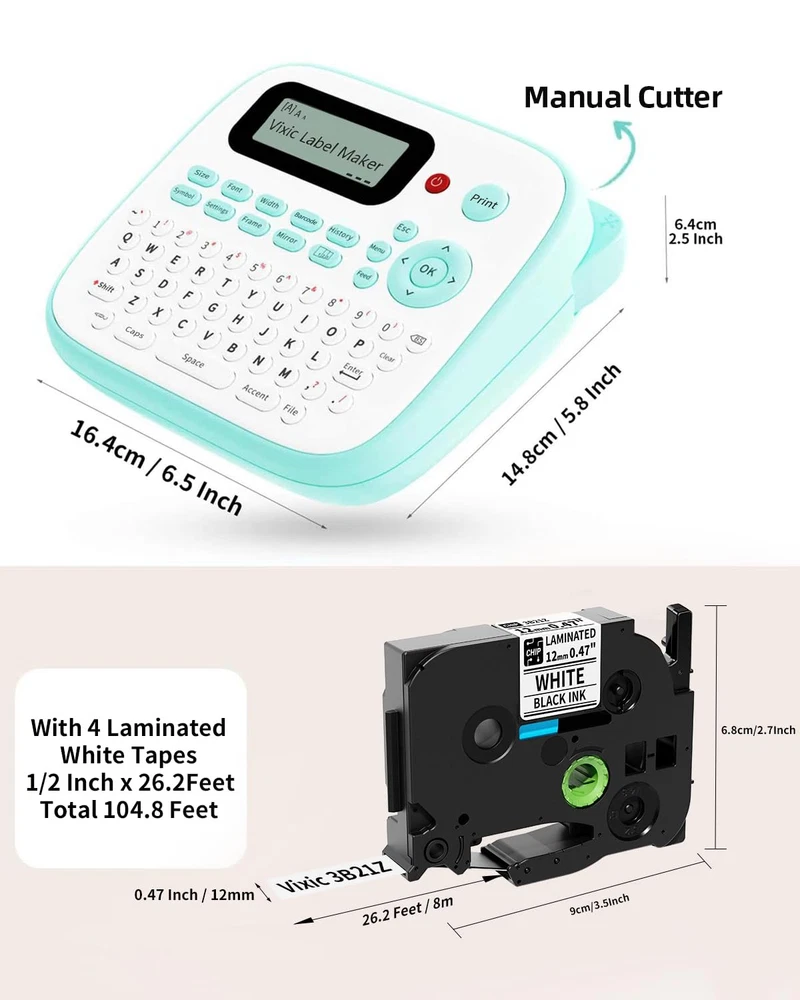 D210S Label Maker Machine with 4 Laminated Tapes, 12mm Portable Labeler