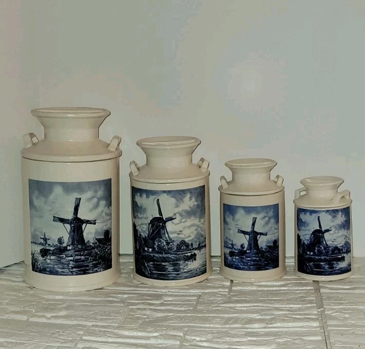 Vintage White Blue Windmill Kitchen Canisters Set of 4.