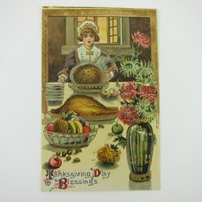 Thanksgiving Postcard Girl Maid Serves Meal Pink Flowers Gold Embossed Antique