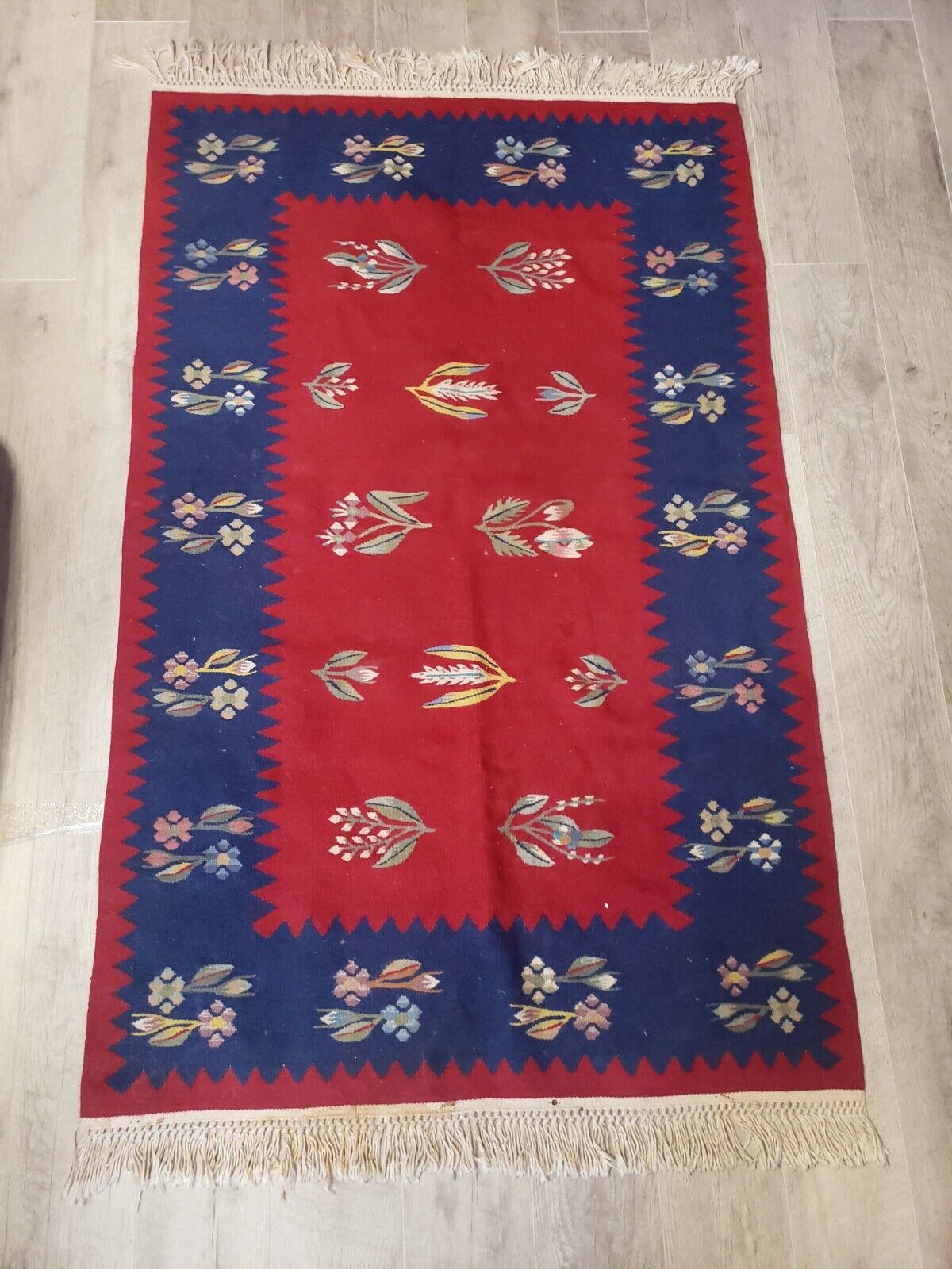 Antique Arts and Crafts Art Nouveau Wool Rug Red w/Bold Flowers 39" x 62"