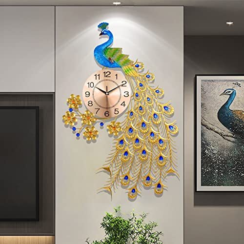 Large Peacock Wall Clock for Living Room Decor,Mid 31.5*25.6 inch Gold&blue - Picture 2 of 8