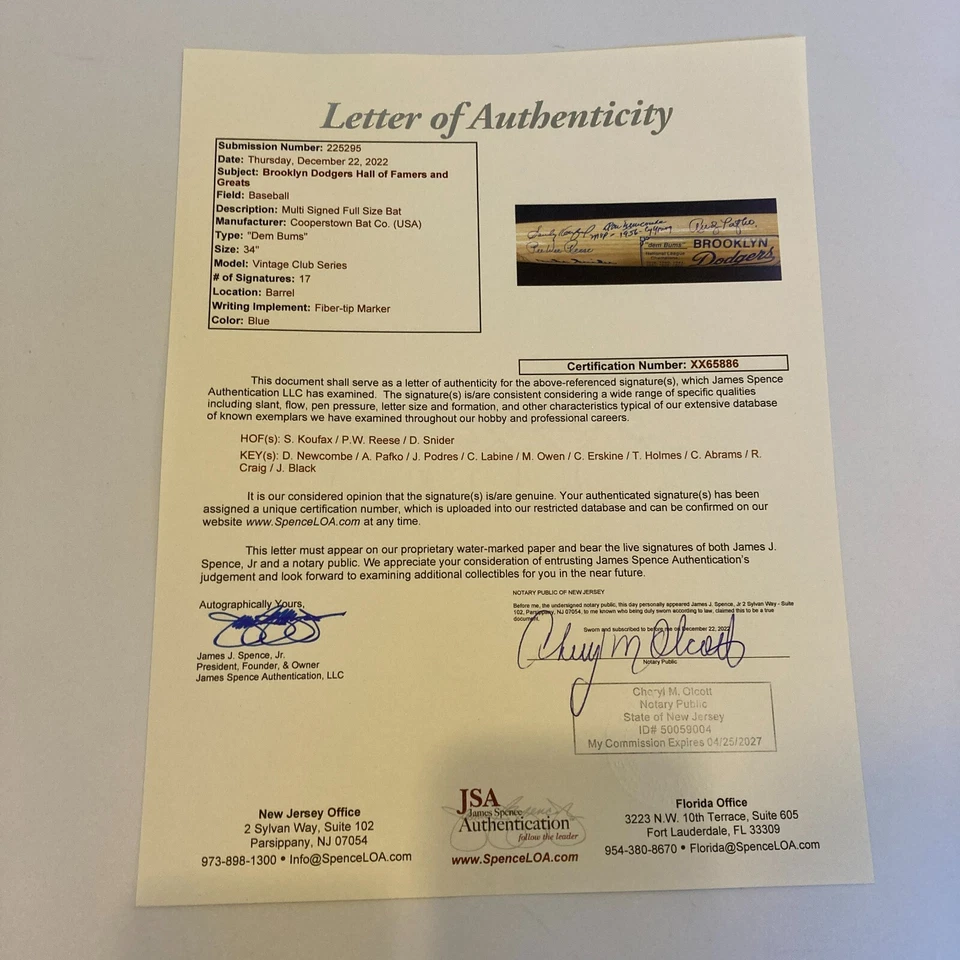 Bate de béisbol Cooperstown firmado por Sandy Koufax Brooklyn Dodgers Legends JSA Foto 3 de 4