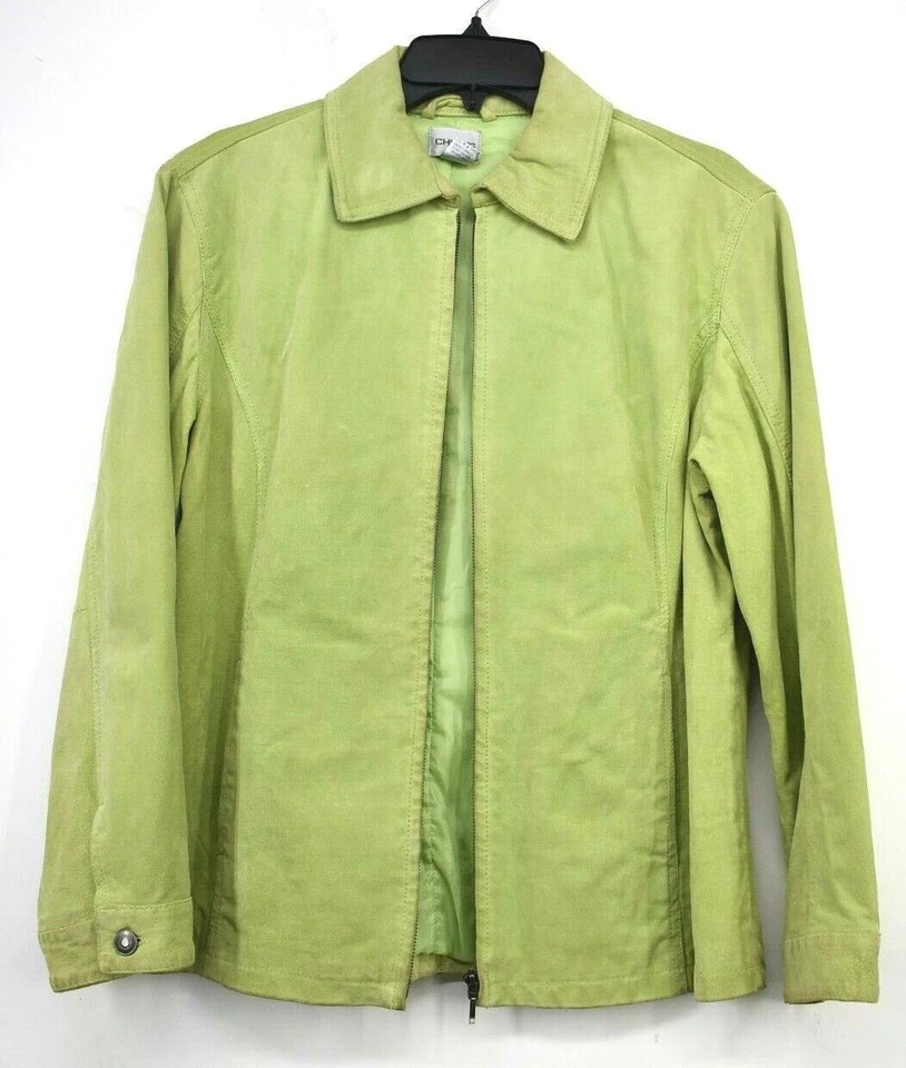 Chaqueta de cuero informal de ajuste cómodo manga larga verde cremallera completa Chico's para mujer 2 Foto 2 de 4