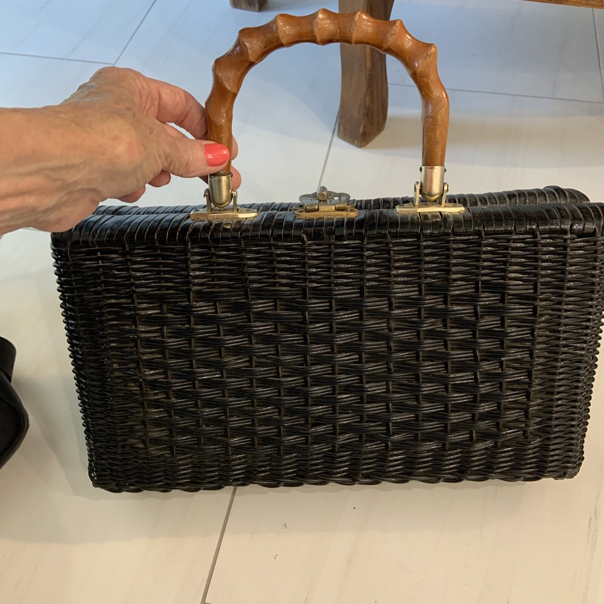 バッグ 1900 French Black Wicker Basket Vintage Antique 1890/1900 French Black Small Sized Wicker