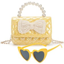 Bow Kids Purse for Girls Beaded handle Yellow Shoulder Handbag with Adjustabl...
