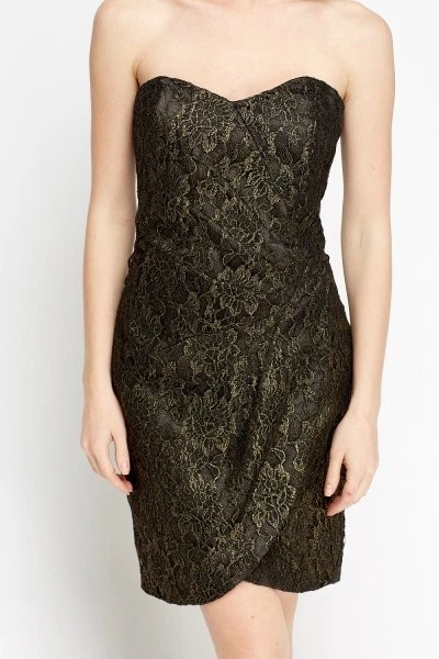 Nueva superposición de encaje metálico dorado para mujer Bandeau Black Dress Party Clubwear Foto 4 de 4