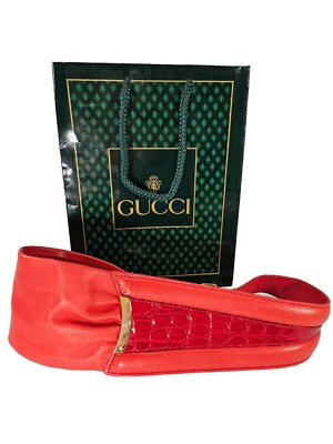 Gucci Womens XS Wide Waist Belt Leather Red Crocodile Vintage 80s