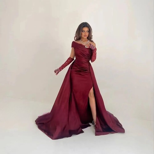 Burgundy Satin Prom Dresses One Shoulder Slit Shiny Beads Formal Prom Dress - 第 4/8 張圖片