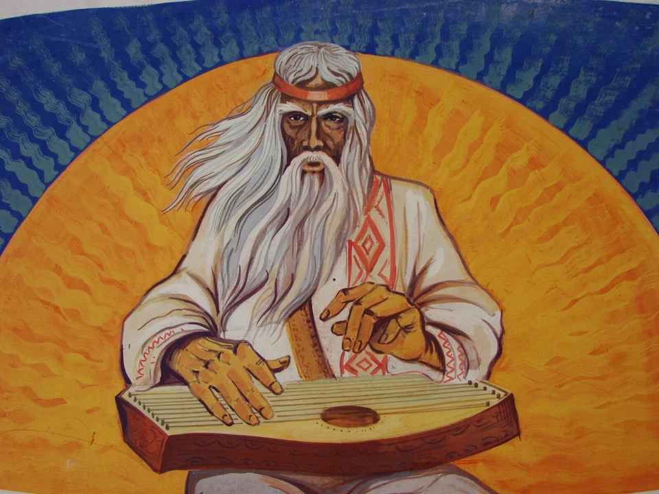 Pintura guache ucraniana soviética URSS simbolismo retrato músico Gusli - Imagem 2 de 4