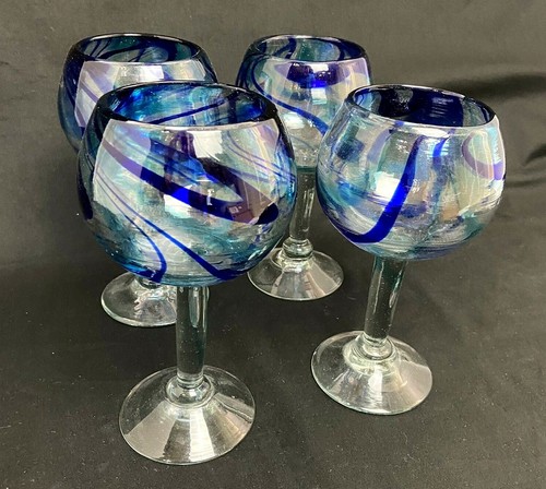 Juego de 4 gafas de margarita mexicana de remolino azul grueso sopladas a mano 7 3/4" de alto - Imagen 5 de 12