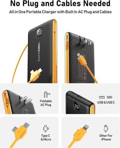 Portable Charger Power Bank Built in Cables and Wall Plug, 10000mAh iPhone Batte - Picture 10 of 24