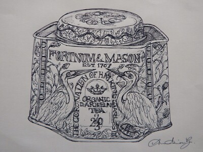 Ink Drawing Fortnum Mason King Charles Coronations Tea Caddy hand drawn