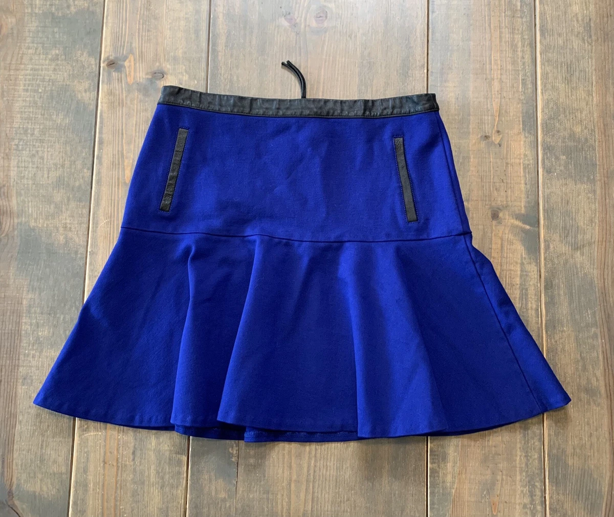 Club Monaco Women s Royal Blue Black Leather Trim Flare Mini Skirt