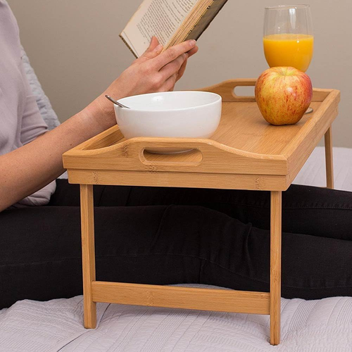 Vassoio Da Letto Pieghevole in Bambu' Con Gambe E Manici per Colazione a Letto R - Foto 2 di 12