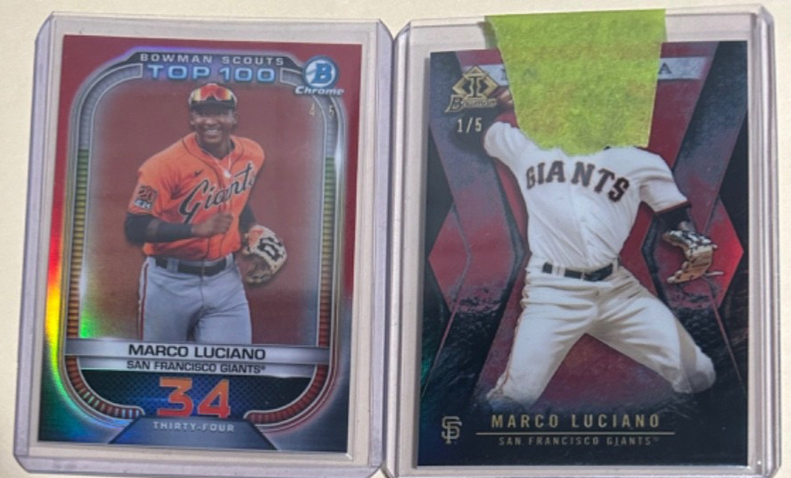 LOT OF (2) MARCO LUCIANO BOWMAN CHROME SCOUTS 100 INCEPTION RED REFRACTOR  /5 SP