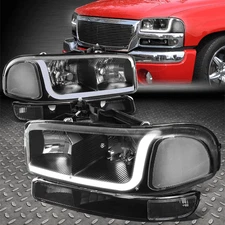 For 99-07 GMC Sierra 1500 2500 3500 LED DRL Black/Clear Headlights+Bumper Lamps
