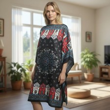 Kaftan Black and Red Floral Satin Tunic Midi Dress Womens Size Small